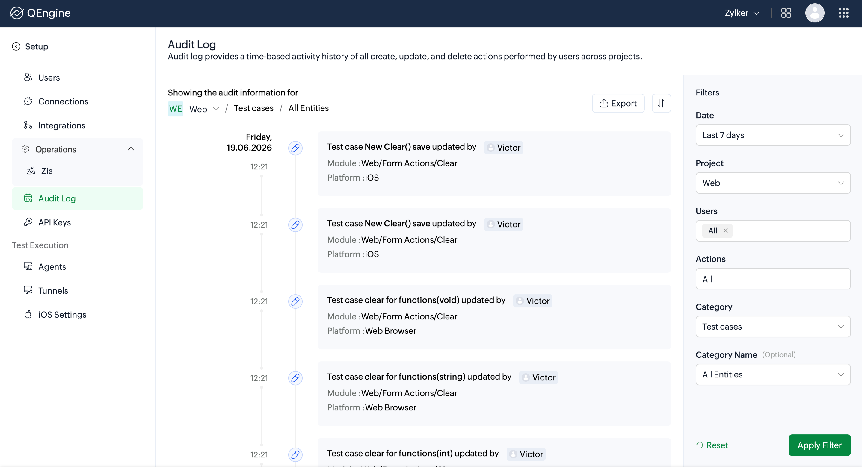 Audit Log page showing the timeline view with activity cards, breadcrumb, and filter panel