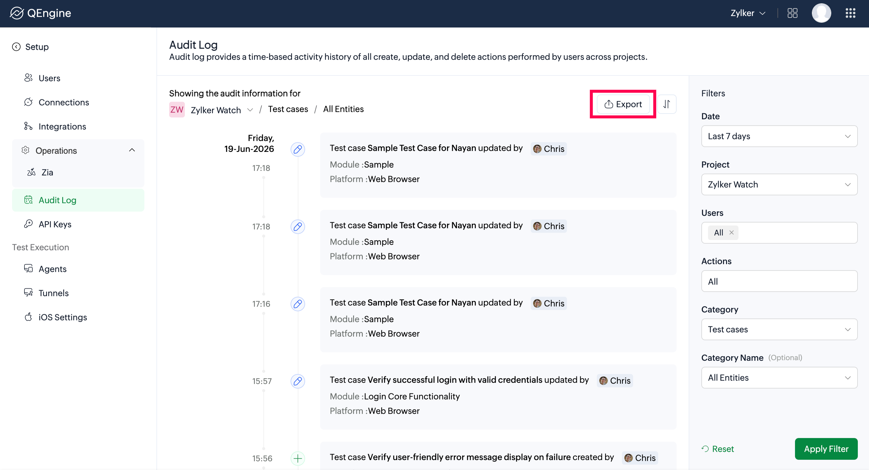 Audit Log page with the Export button in the top-right corner