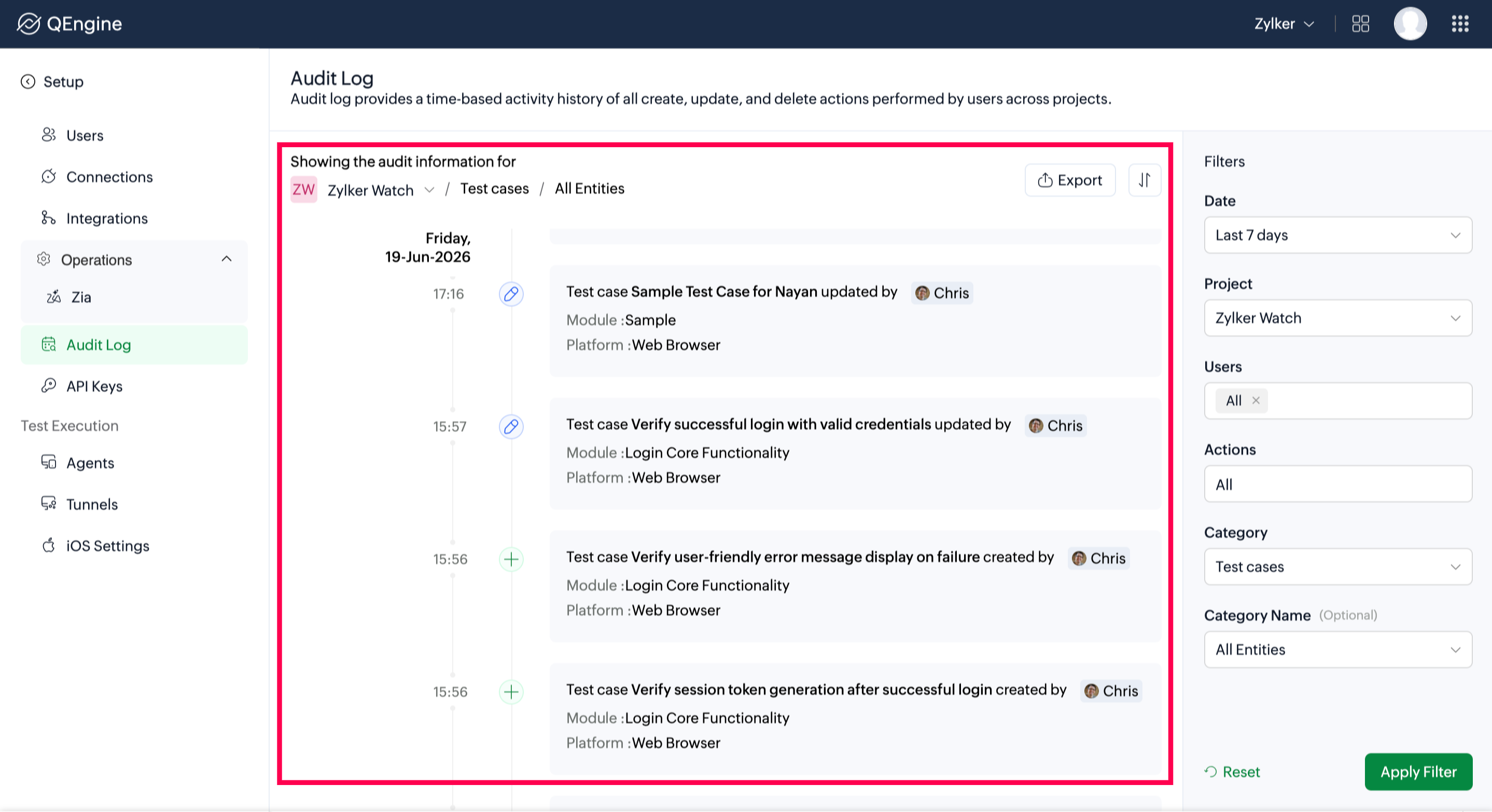 Activity feed showing audit log cards stacked in a timeline with timestamps and activity descriptions