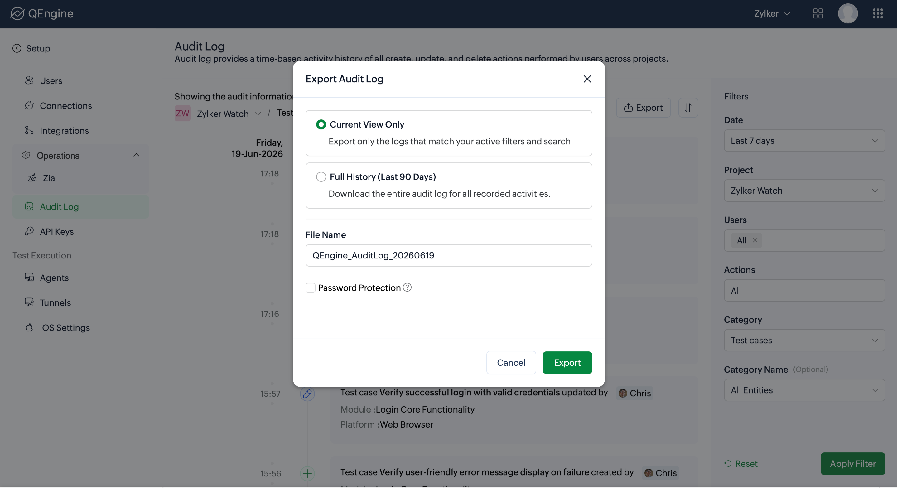 Export Audit Log dialog showing Current View Only and Full History options