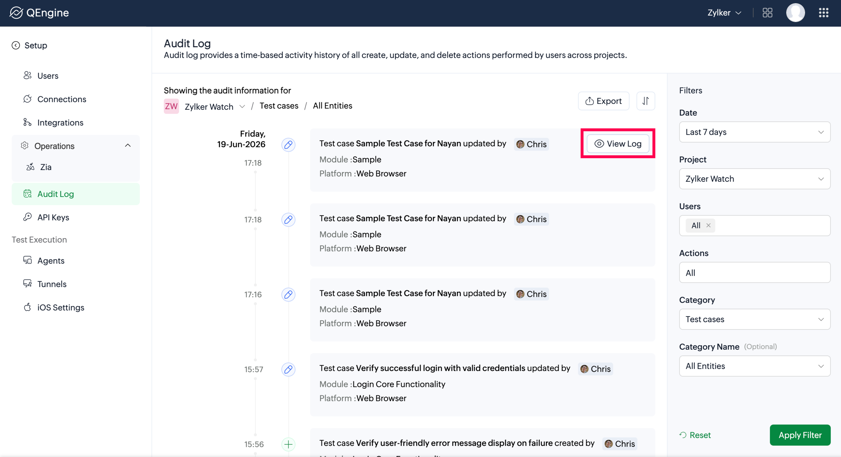 Audit log activity card with the View Log button