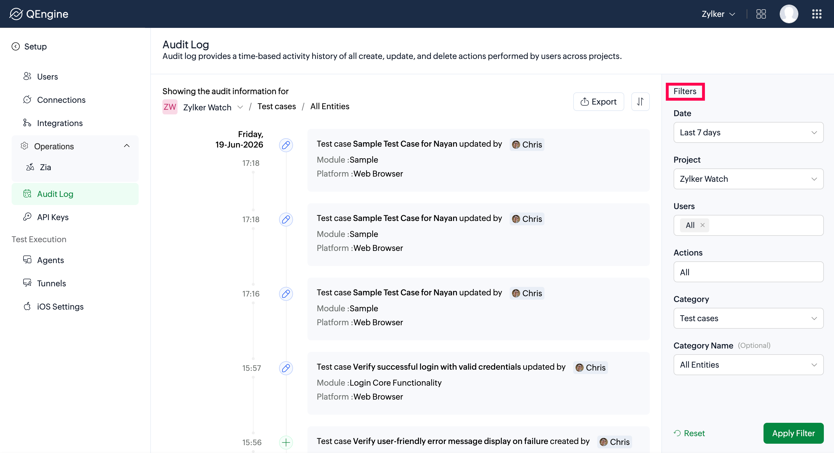 Audit log filter panel showing Date, Projects, Users, Categories, and Actions options