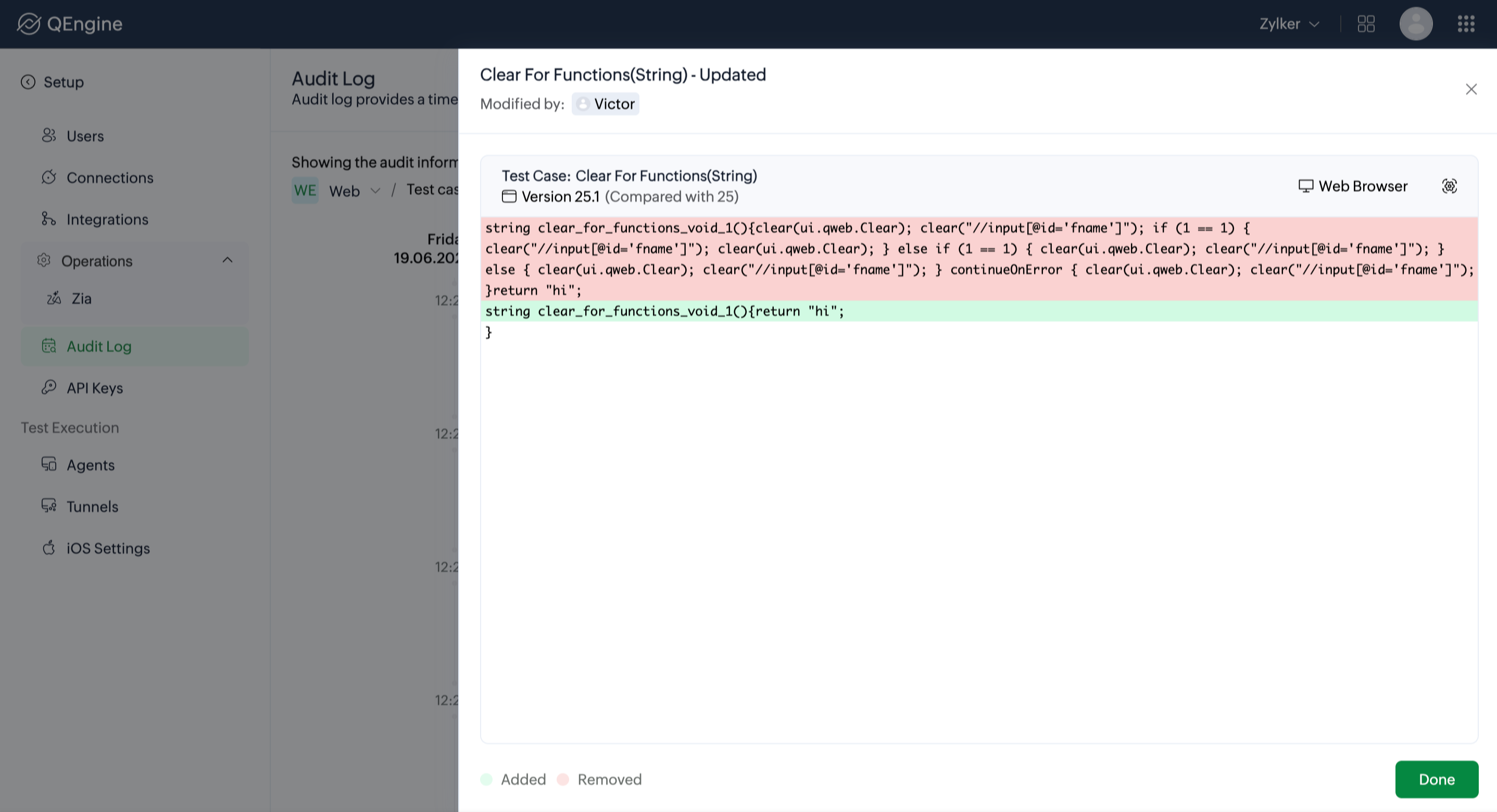 Version comparison panel highlighting added and removed content between two versions of a record