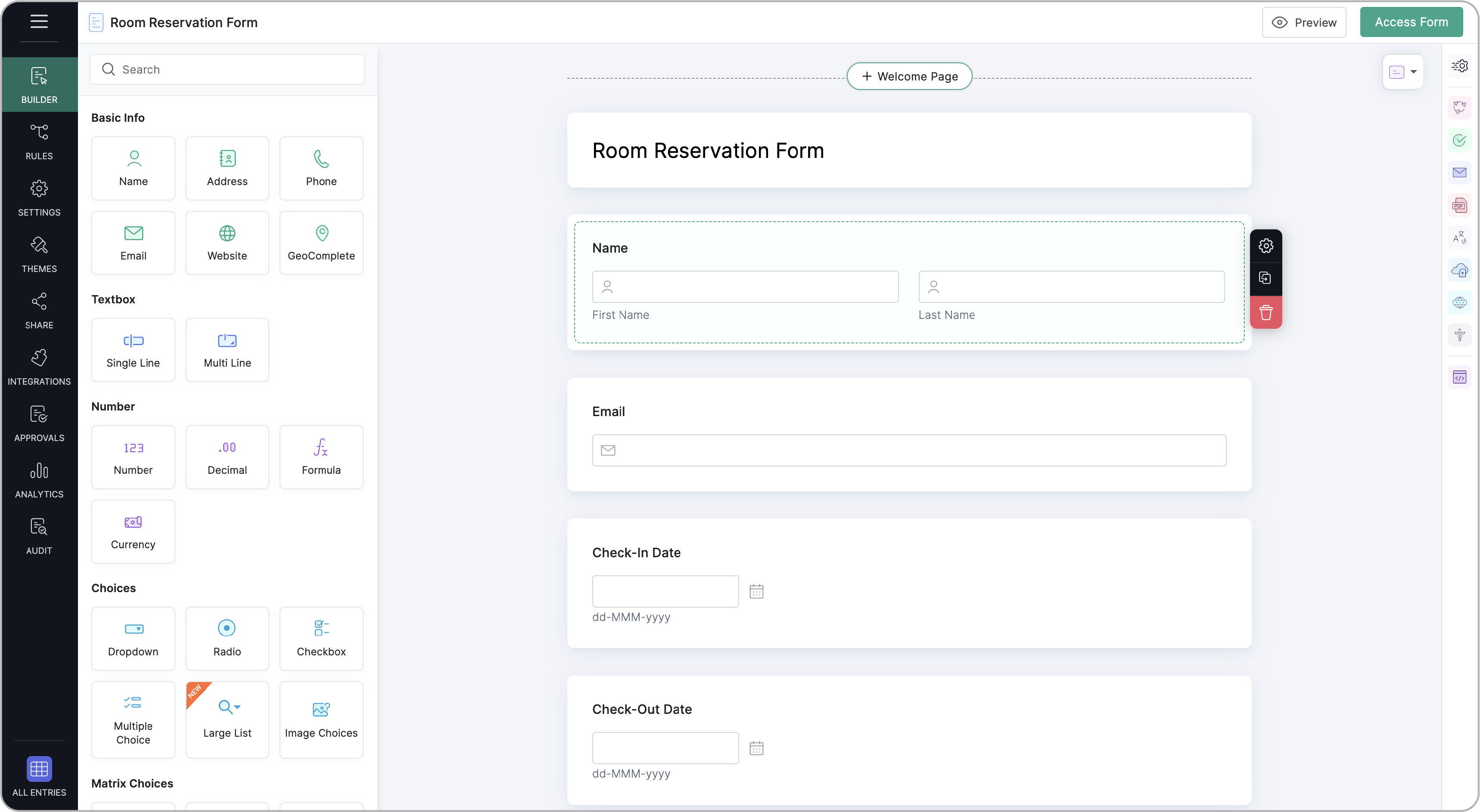 Form builder of a Card form