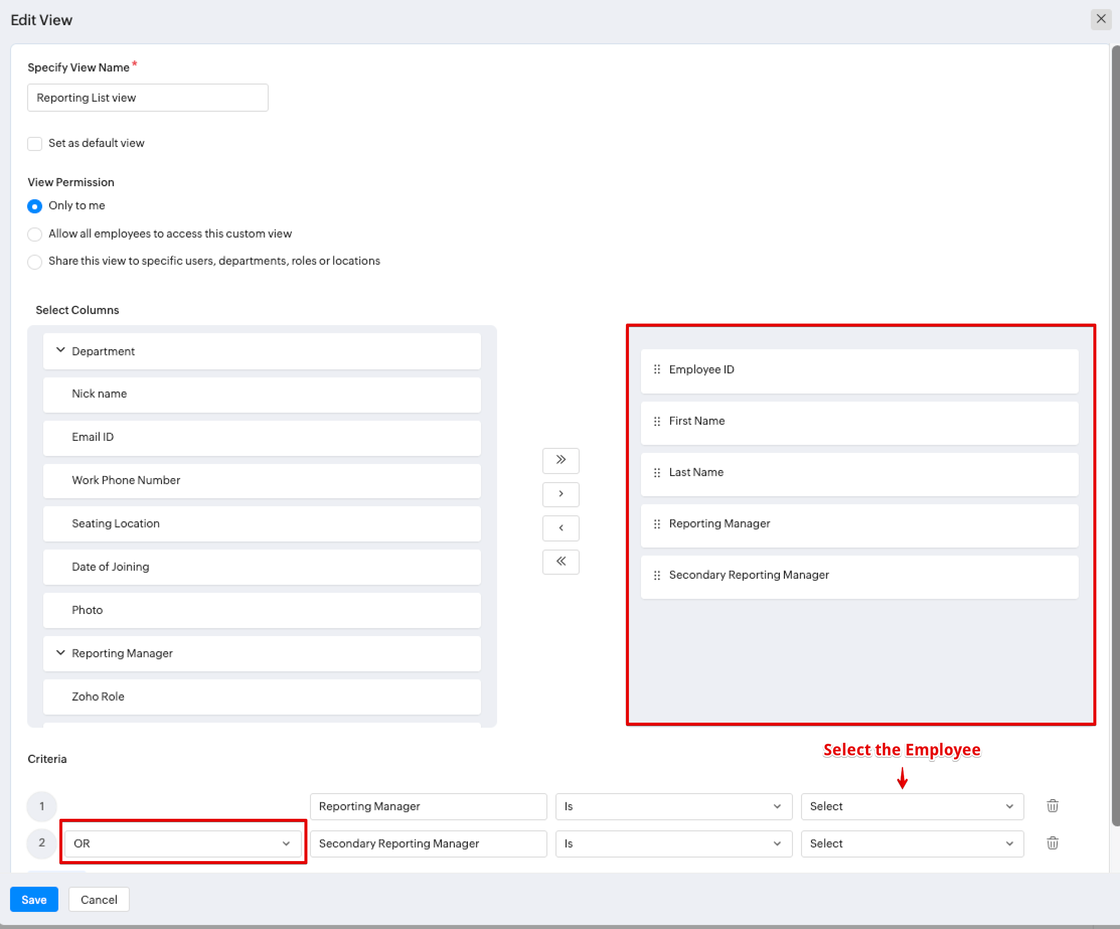 creating employee information custom view and adding fields