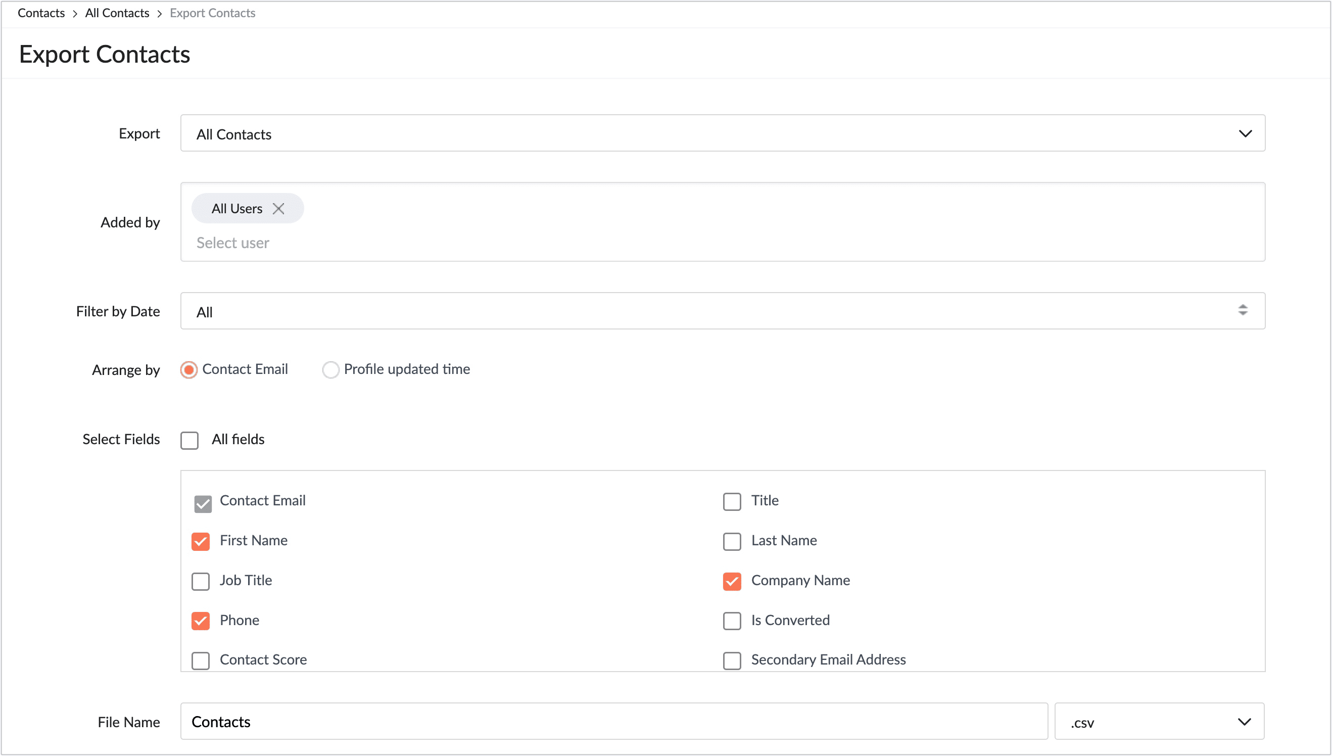 export contacts page