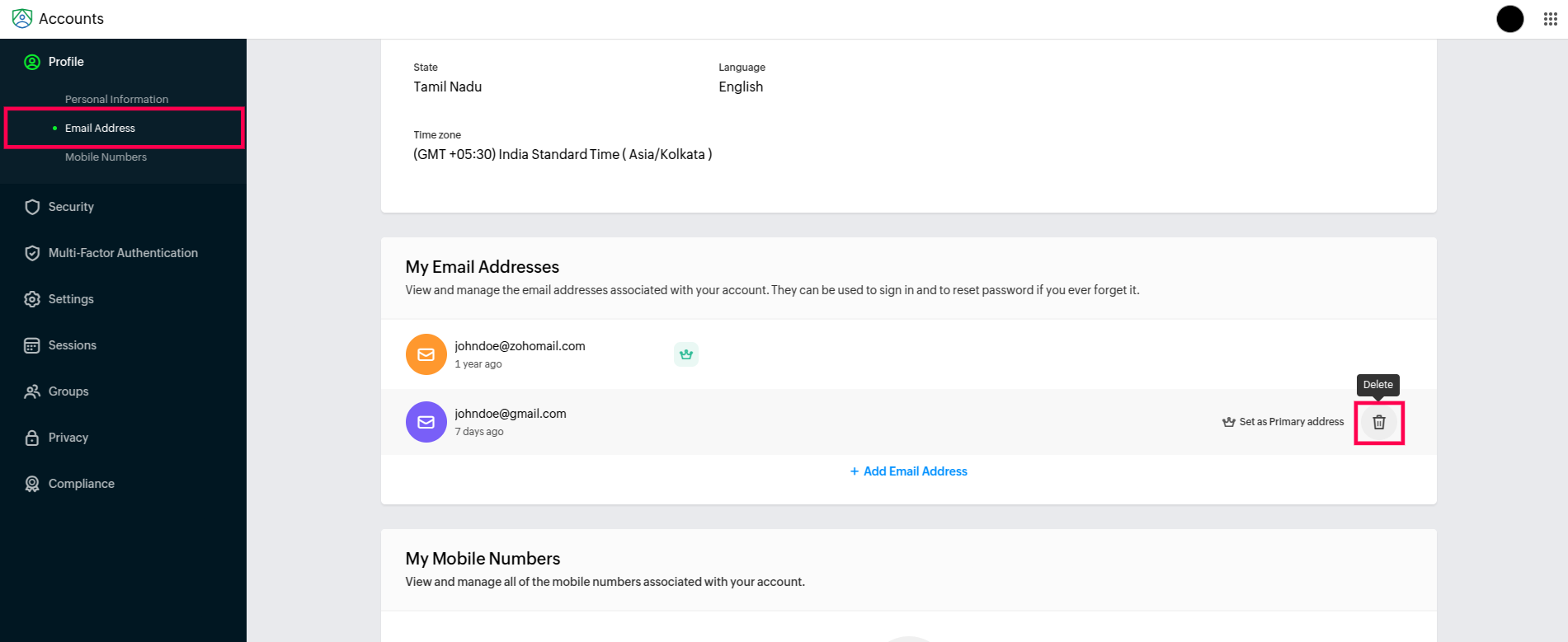 Image showing where the delete option is present in the Email Address section