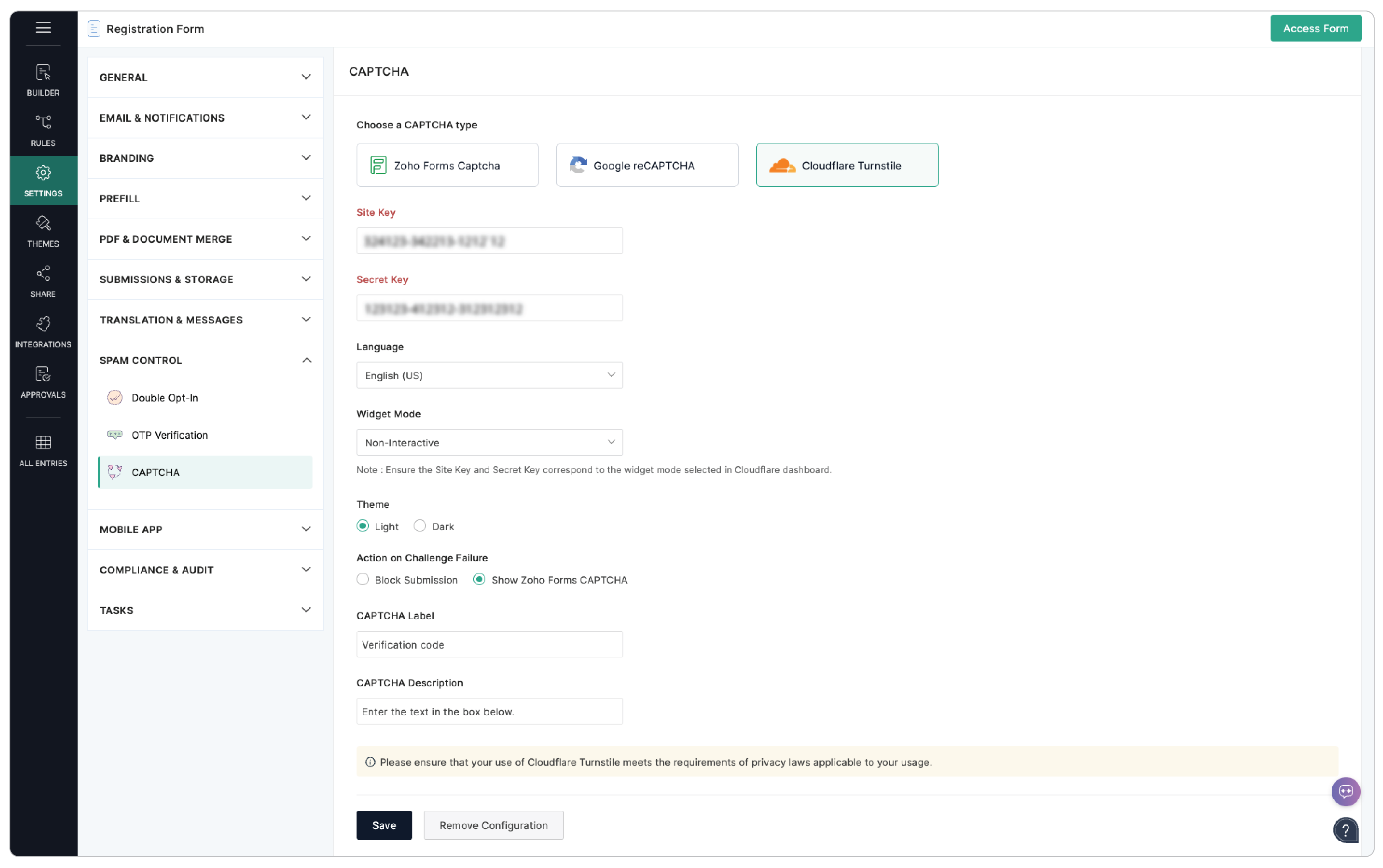 Configuring Cloudflare in forms