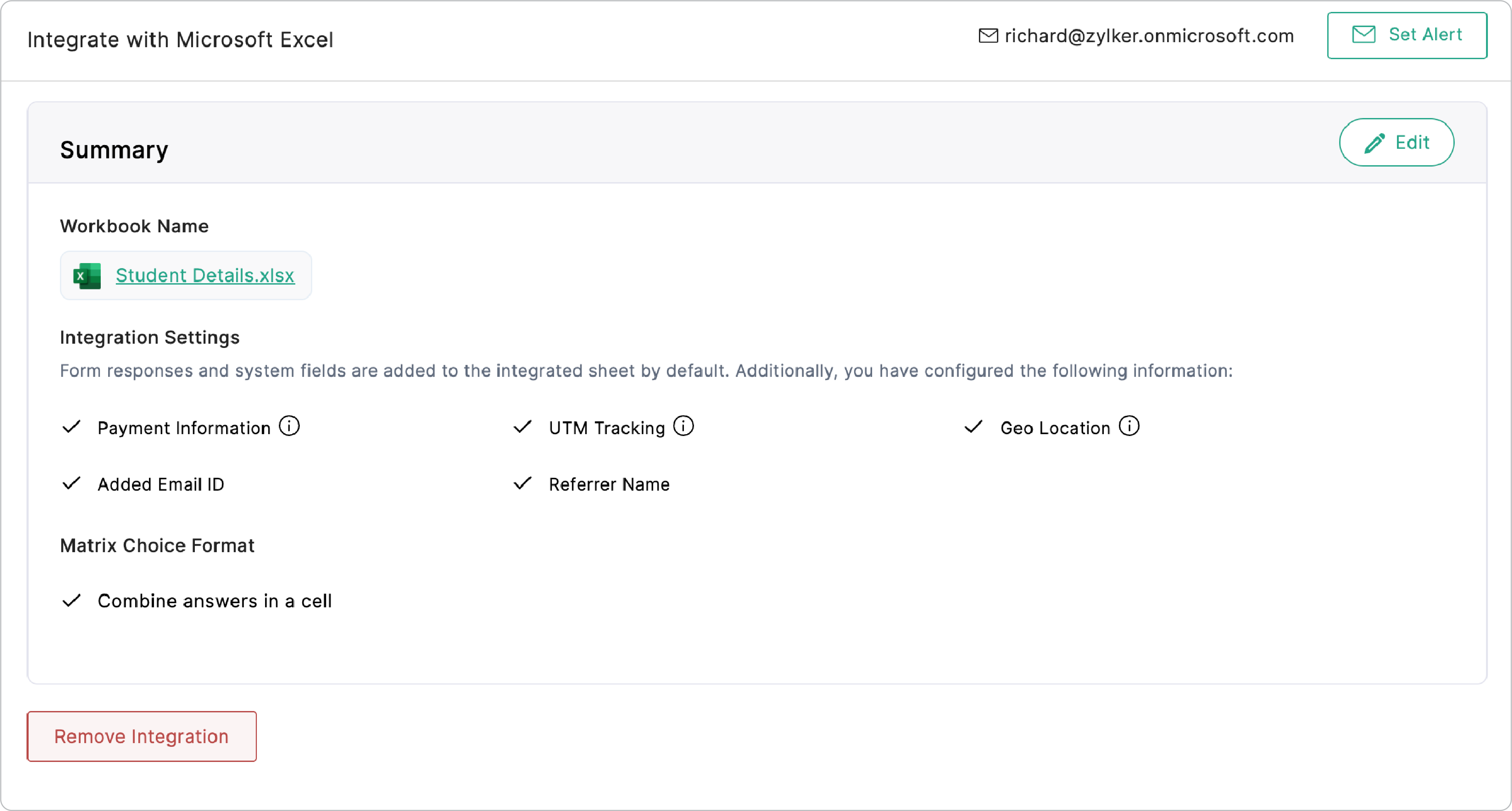 Microsoft Excel integration Summary