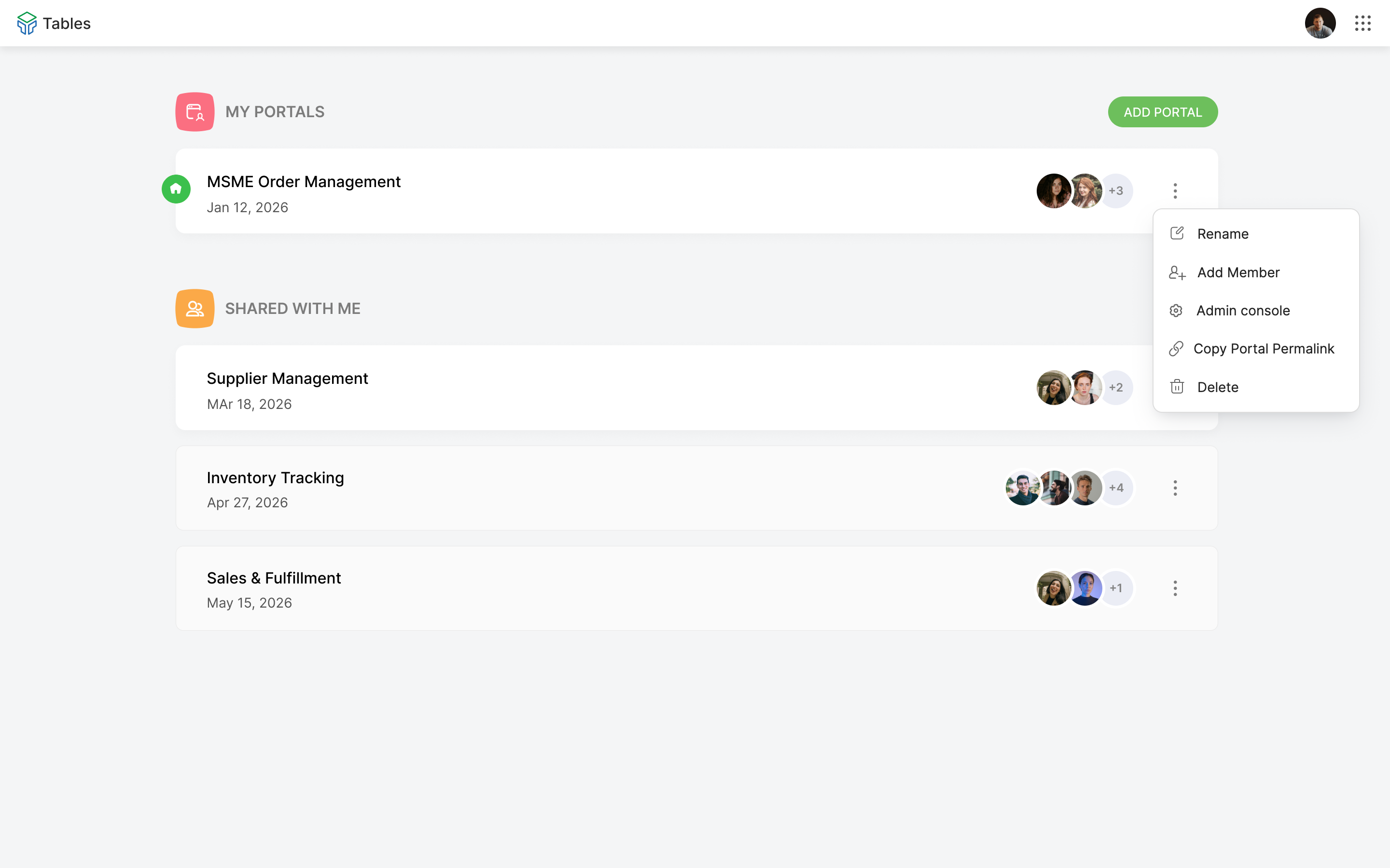 Zoho Tables Portals Listing Page