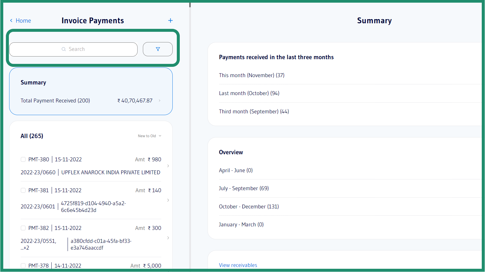 Invoice payments section 