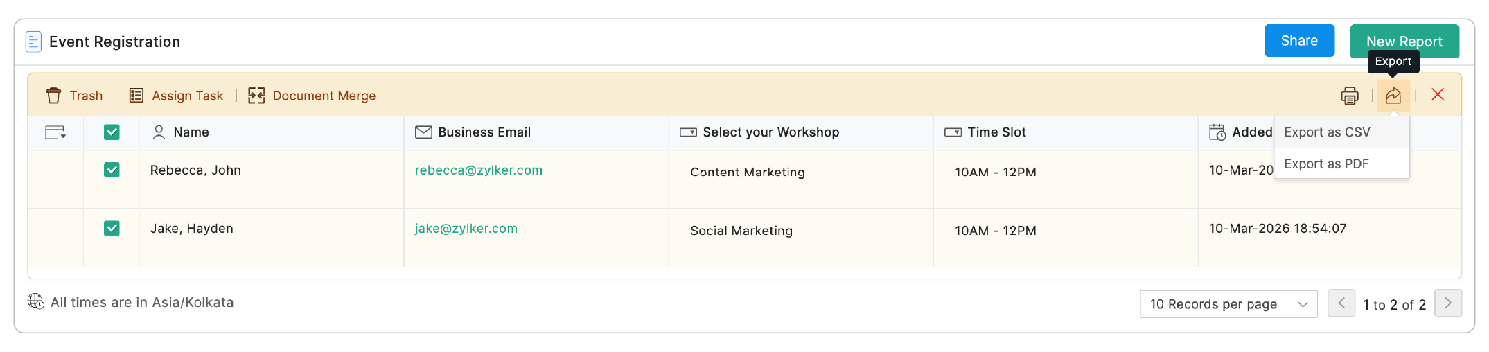 Export selected entries