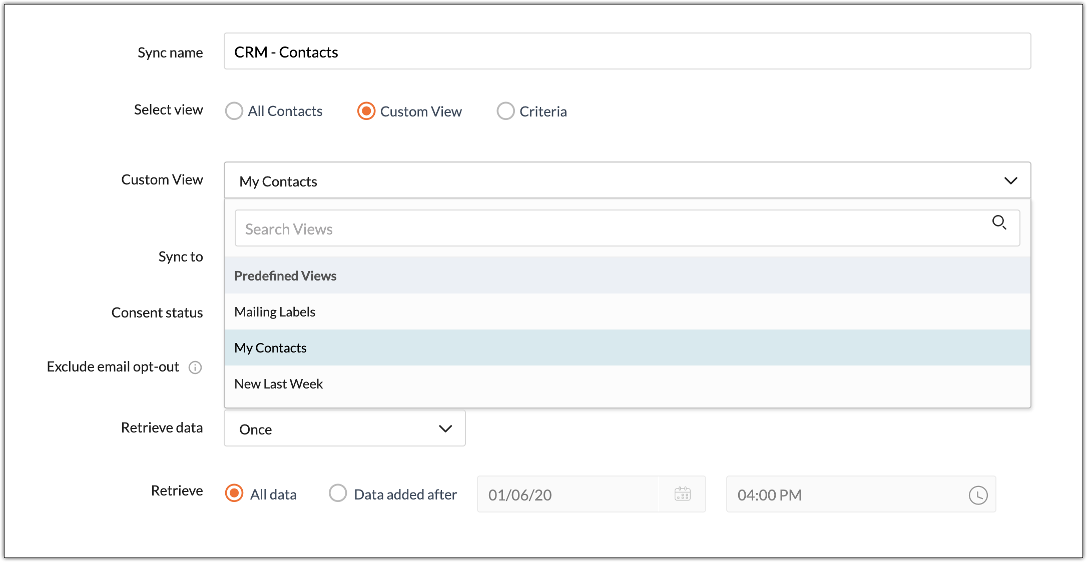 Select custom view to import records from