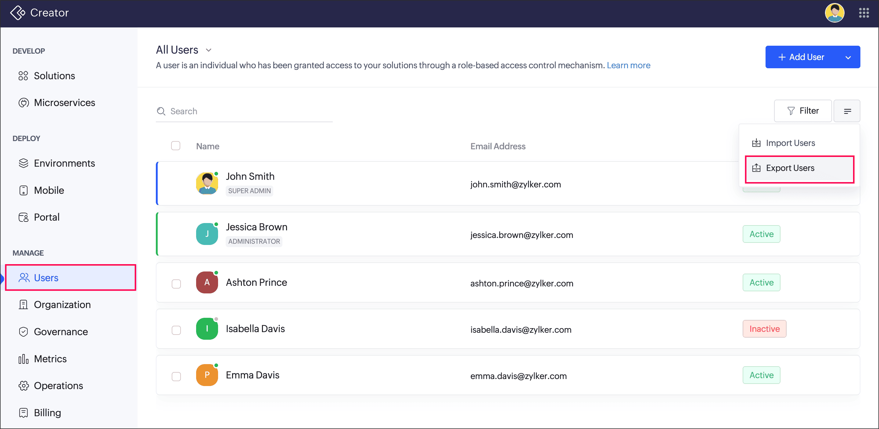Export users option at the right corner under More options of Users tab
