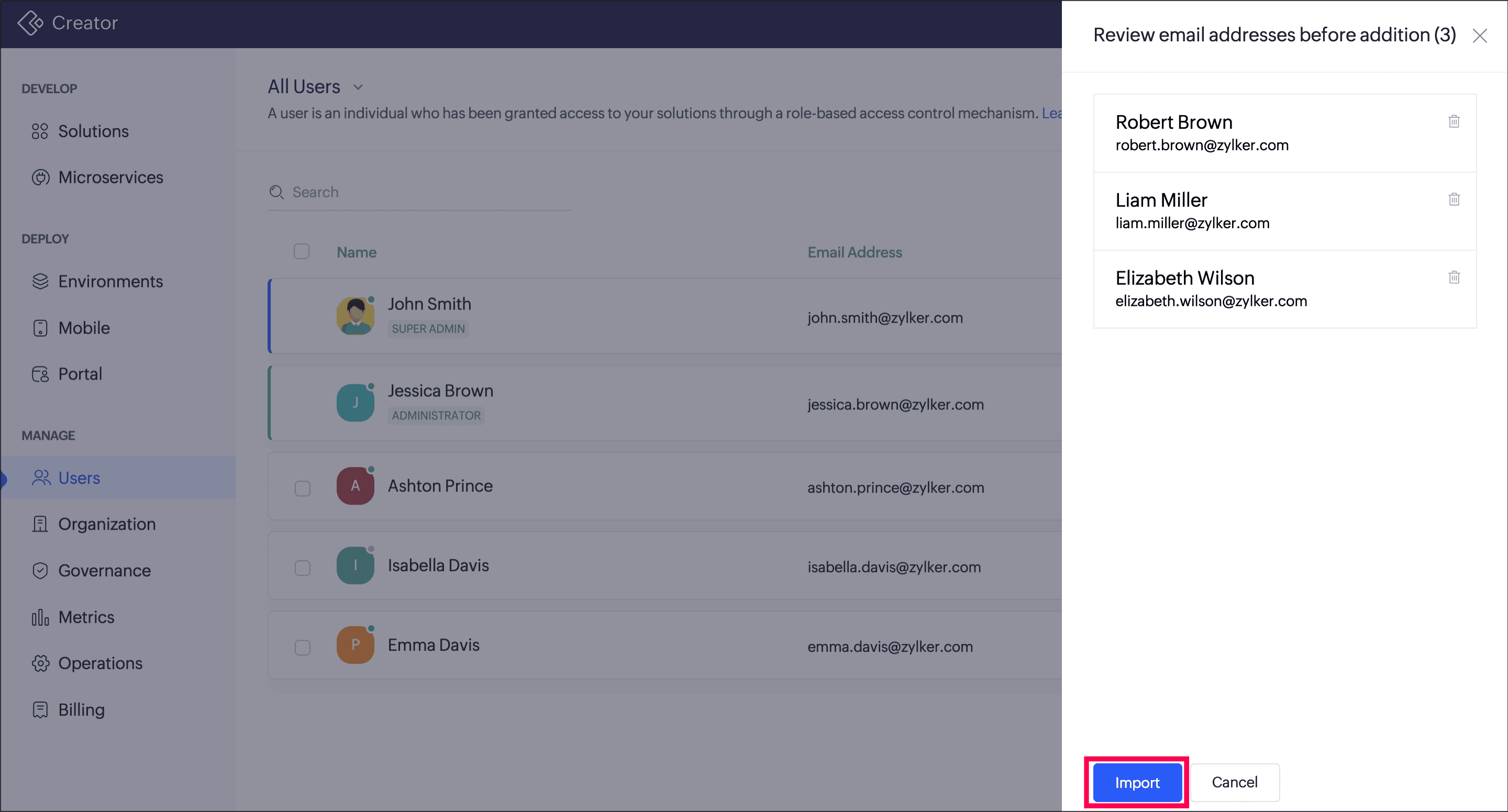 Review pane showing the list of users fetched from the uploaded file for confirmation