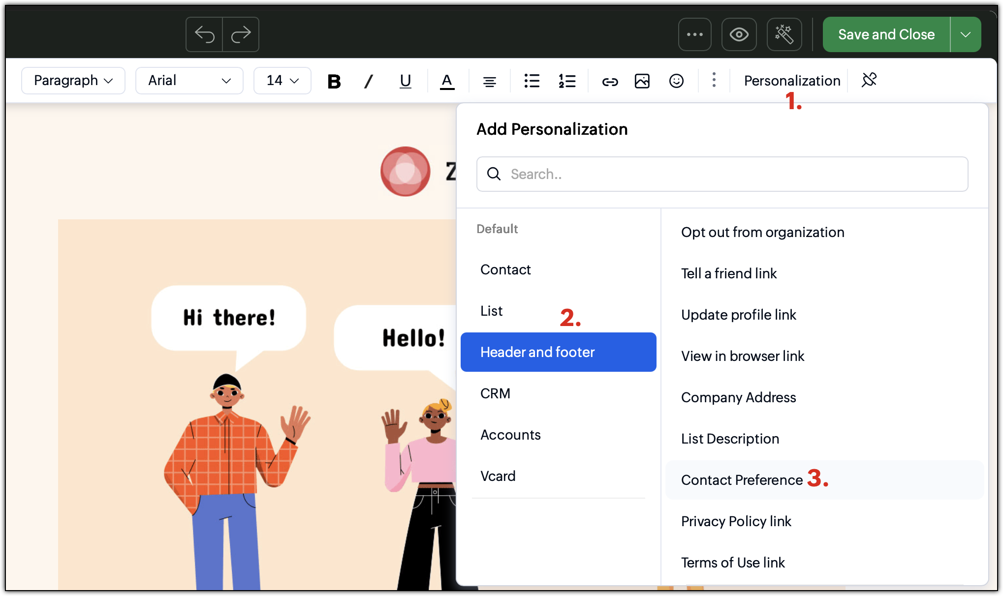 Selecting the Contact Preference merge tag in an email template