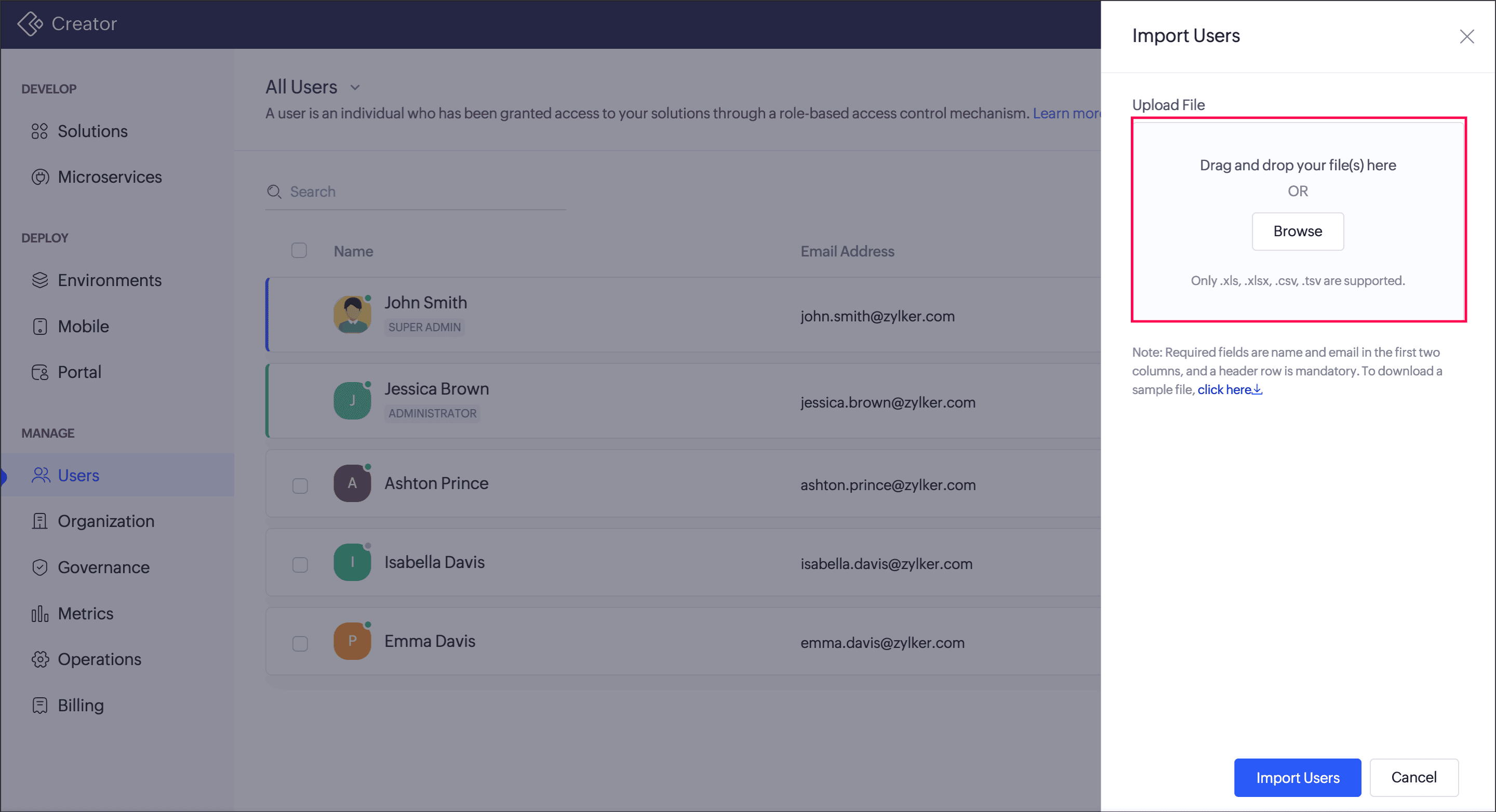 Import users pane where files can be uploaded to add users