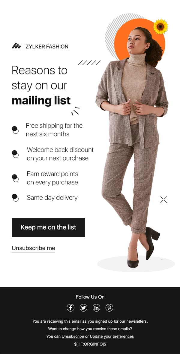 Example sunset email from Zylker Fashion listing reasons to stay on the mailing list, with a Keep me on the list button and an Unsubscribe me link.