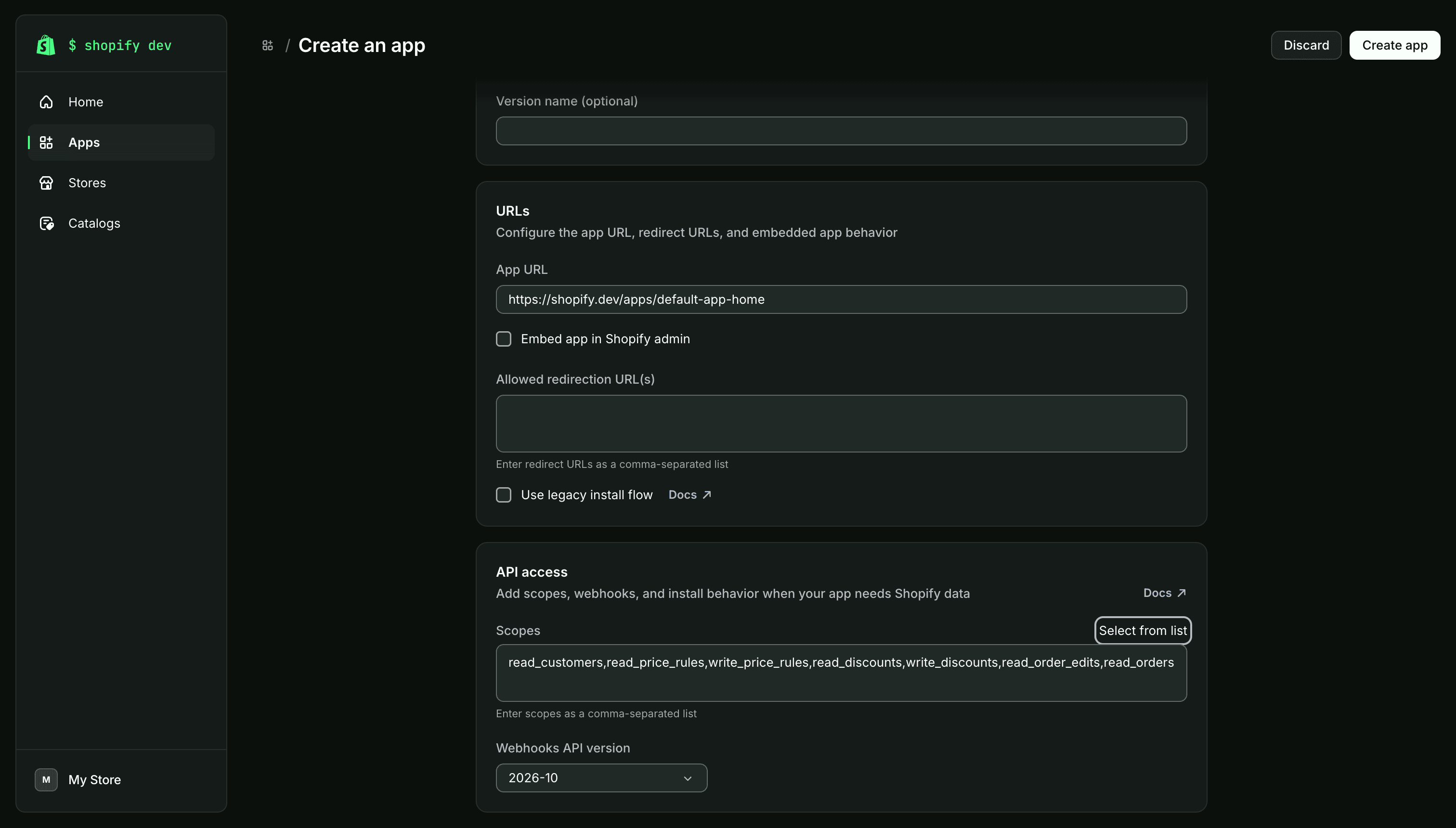 Select the Webhooks API version as 2026-10