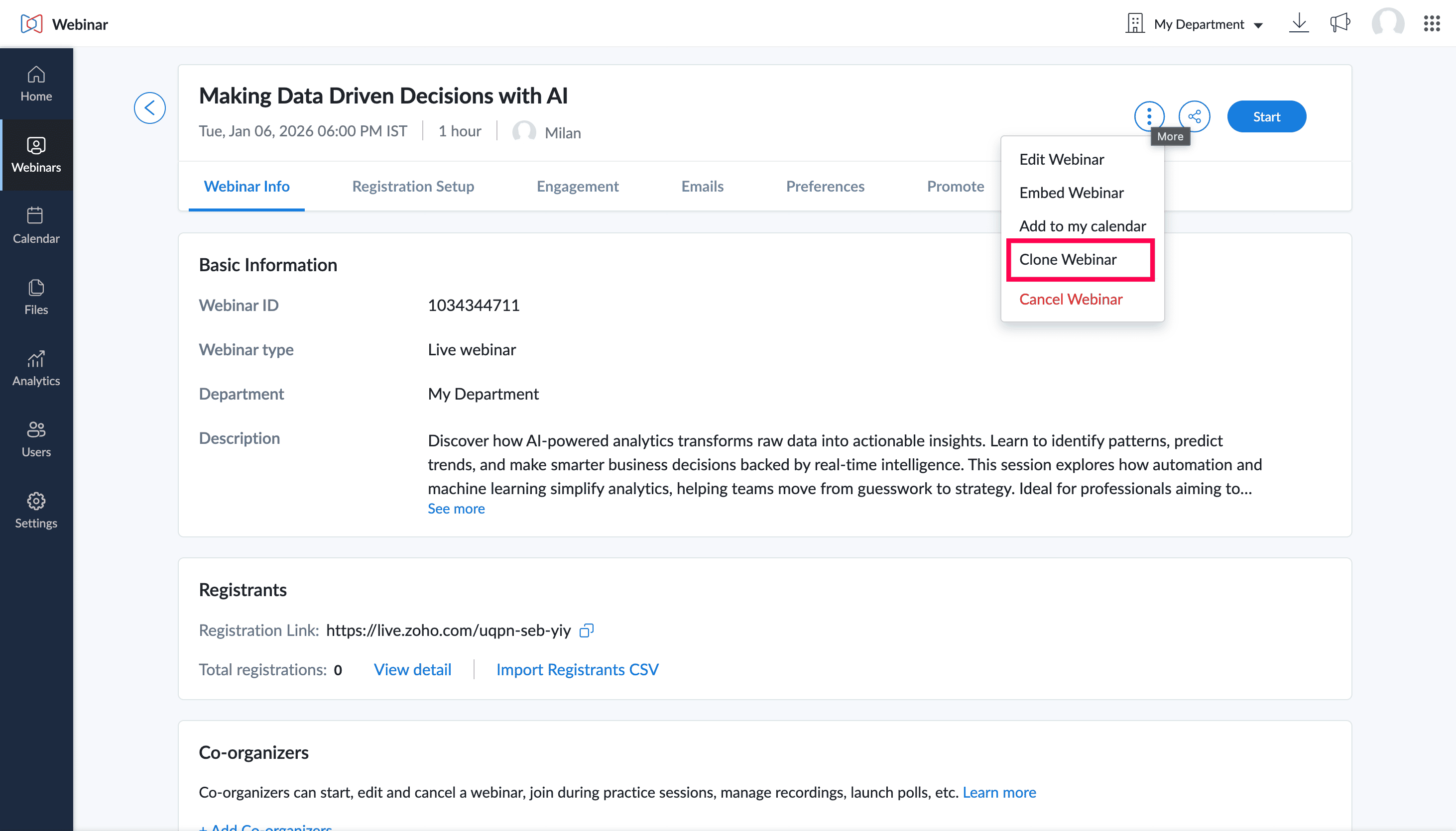 Clone Webinar from Webinar details page.