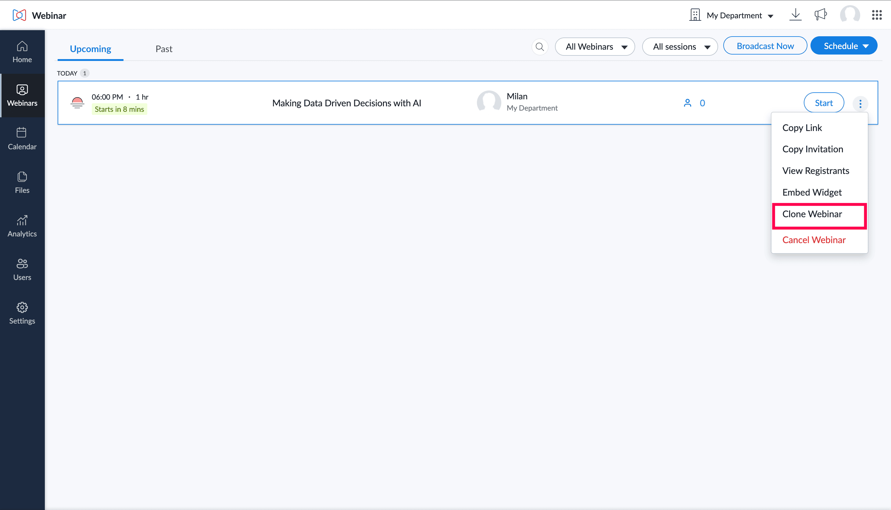Clone Webinar from Webinar listing page.