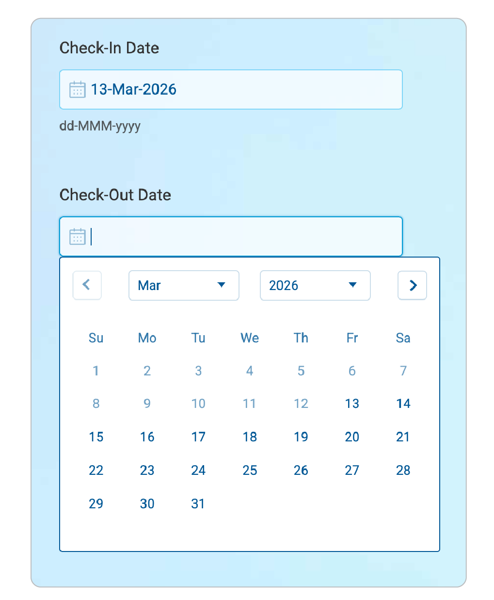  Live form calendar based on Check-In Date