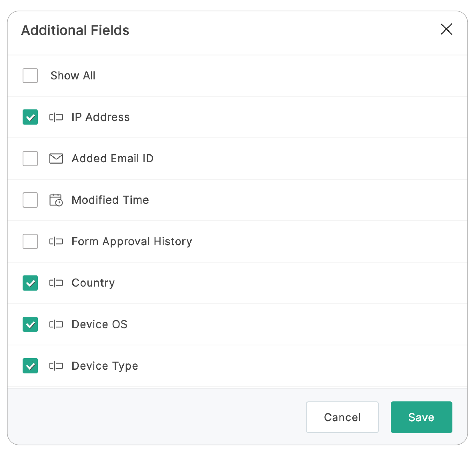 Additional Fields popup
