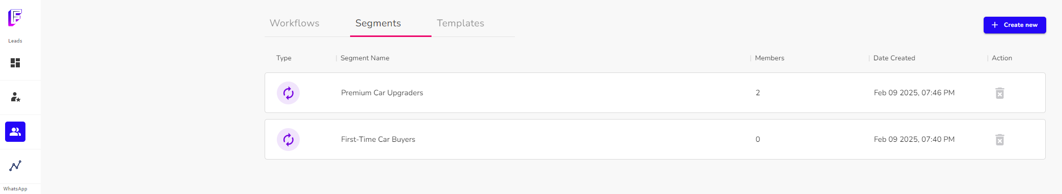 Add leads to segment in Fivegrid