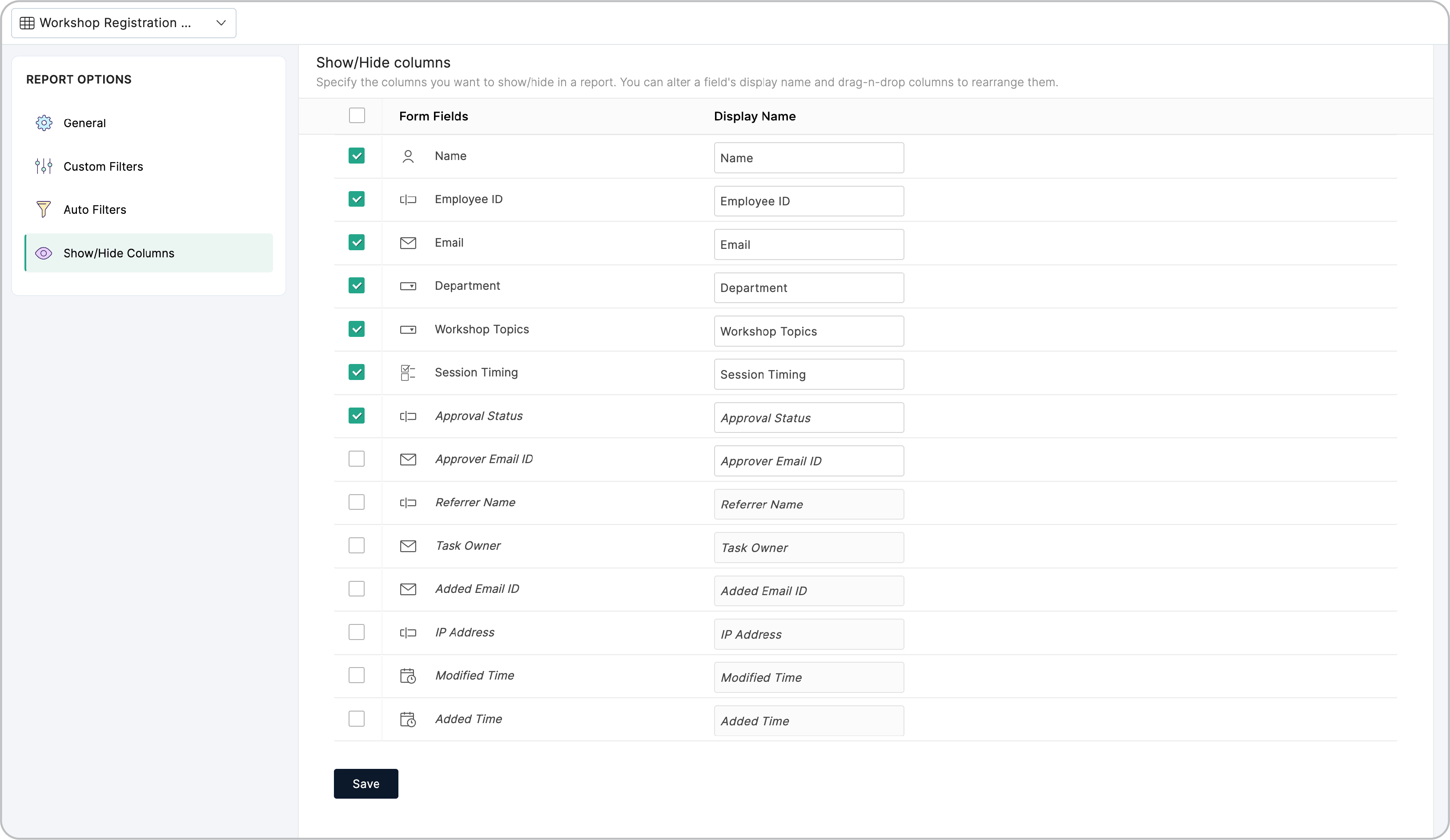 Show or hide columns in reports