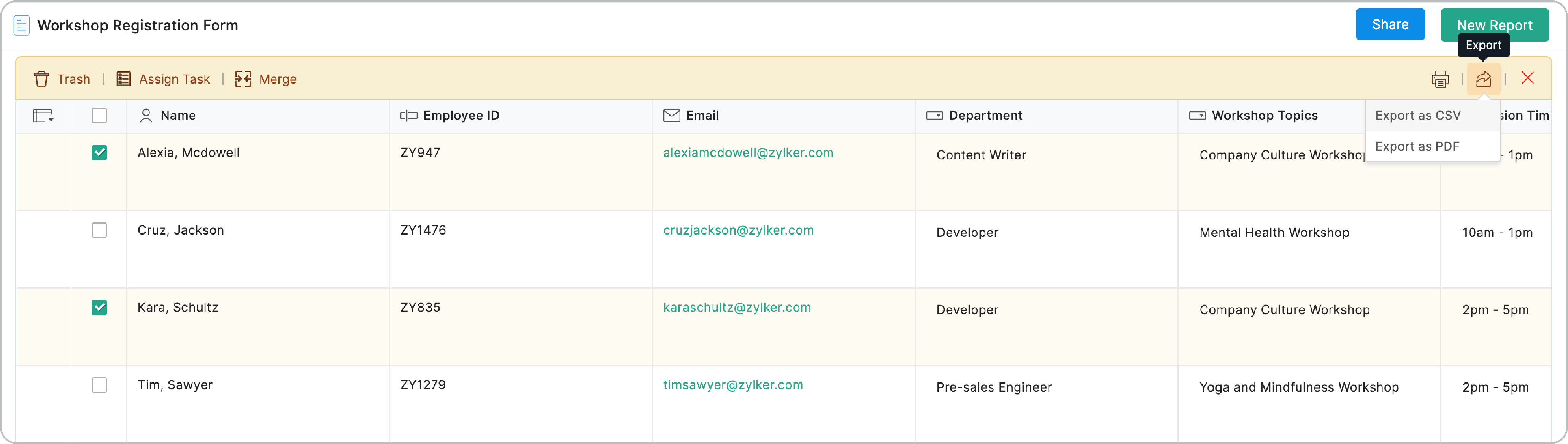 Export selected entries as CSV