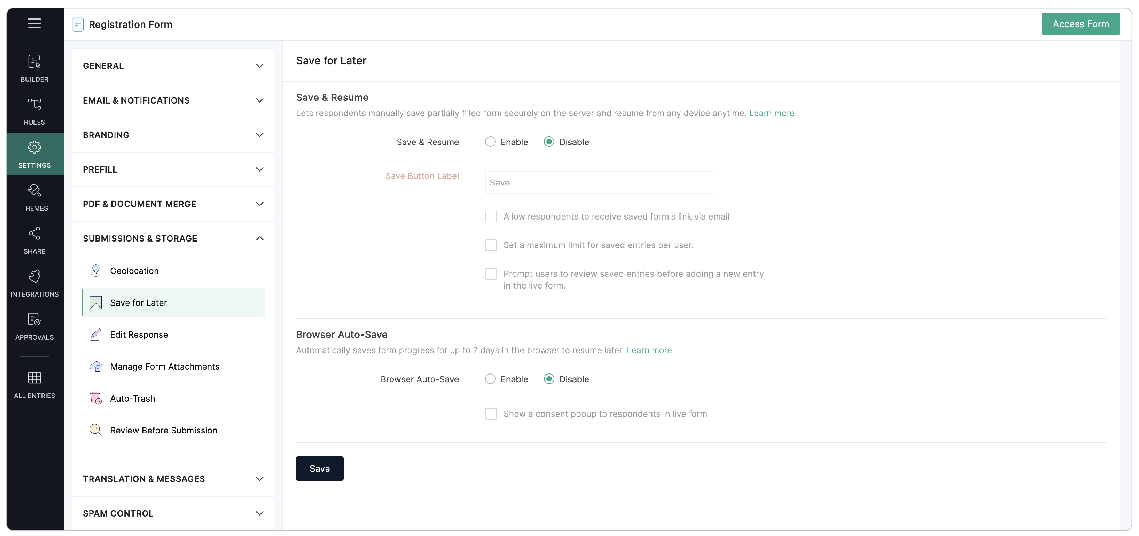 Enable Save & Resume