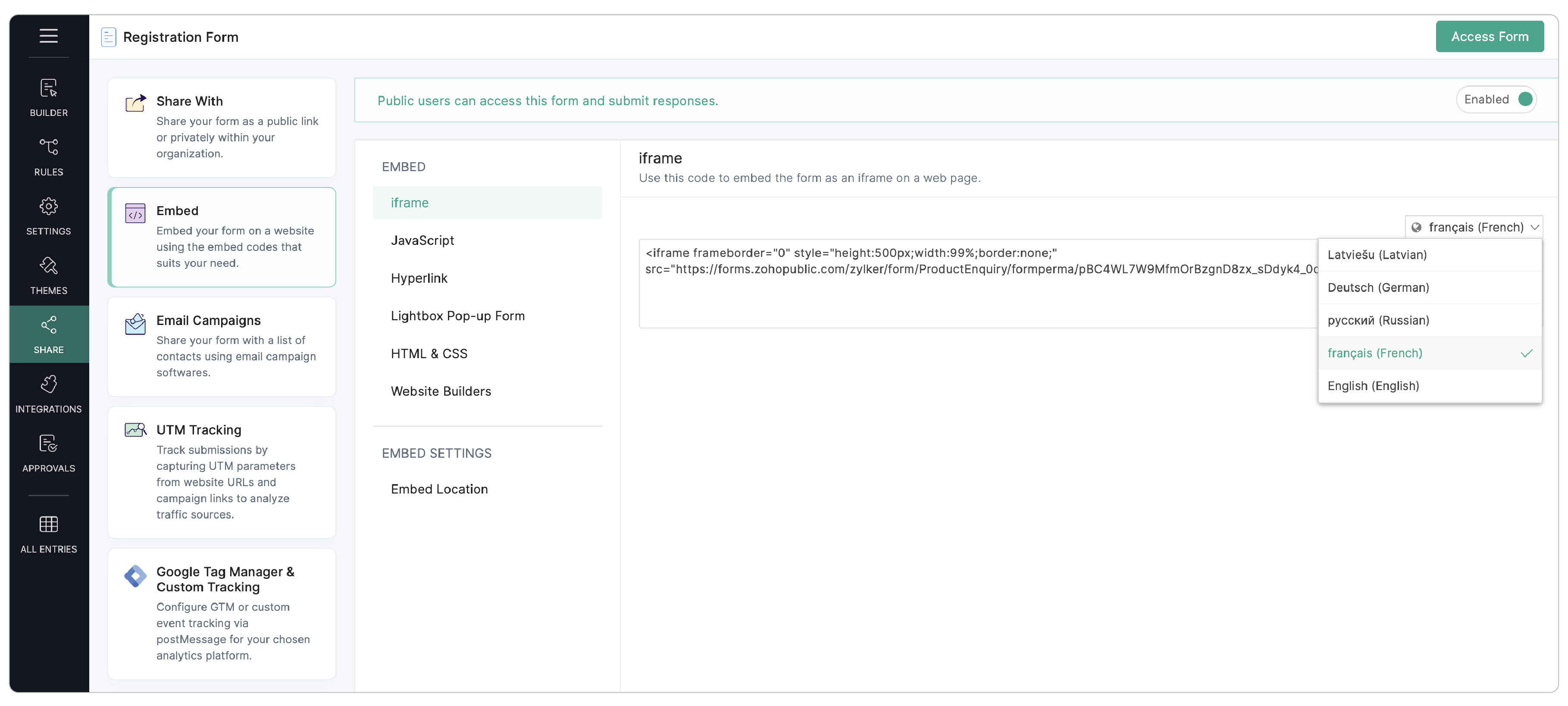 Embed form in translated language
