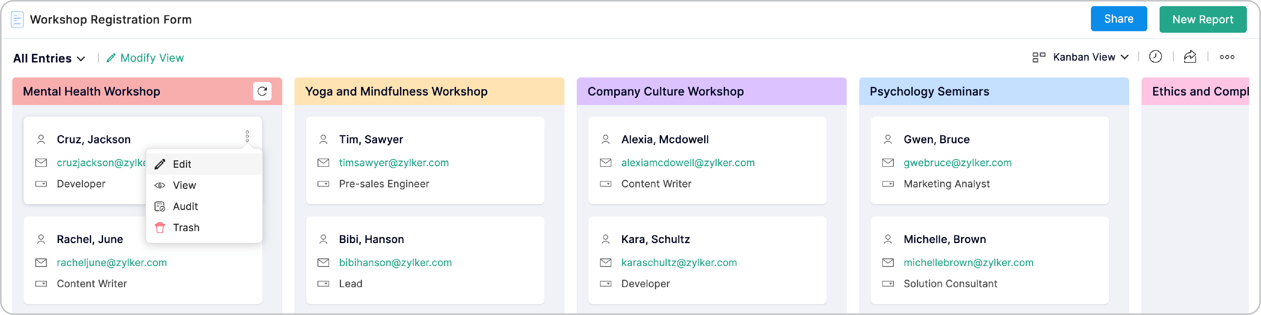 Editing kanban view entry