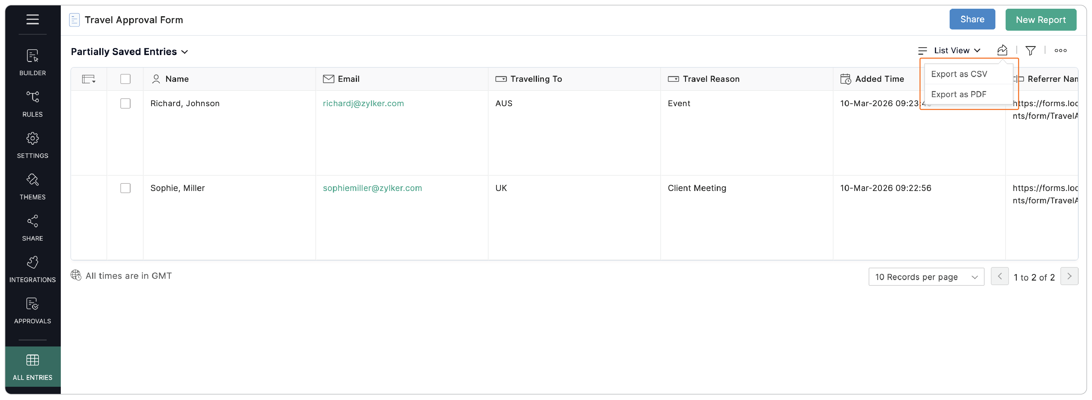 Export as CSV or PDF