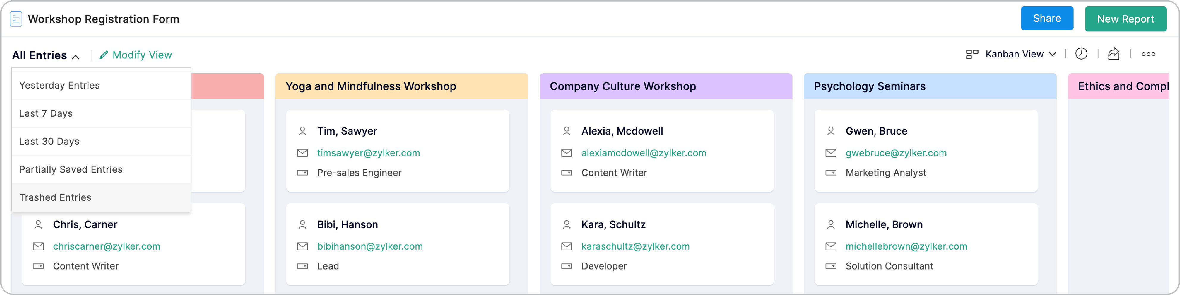 trashed entries option in Kanban view