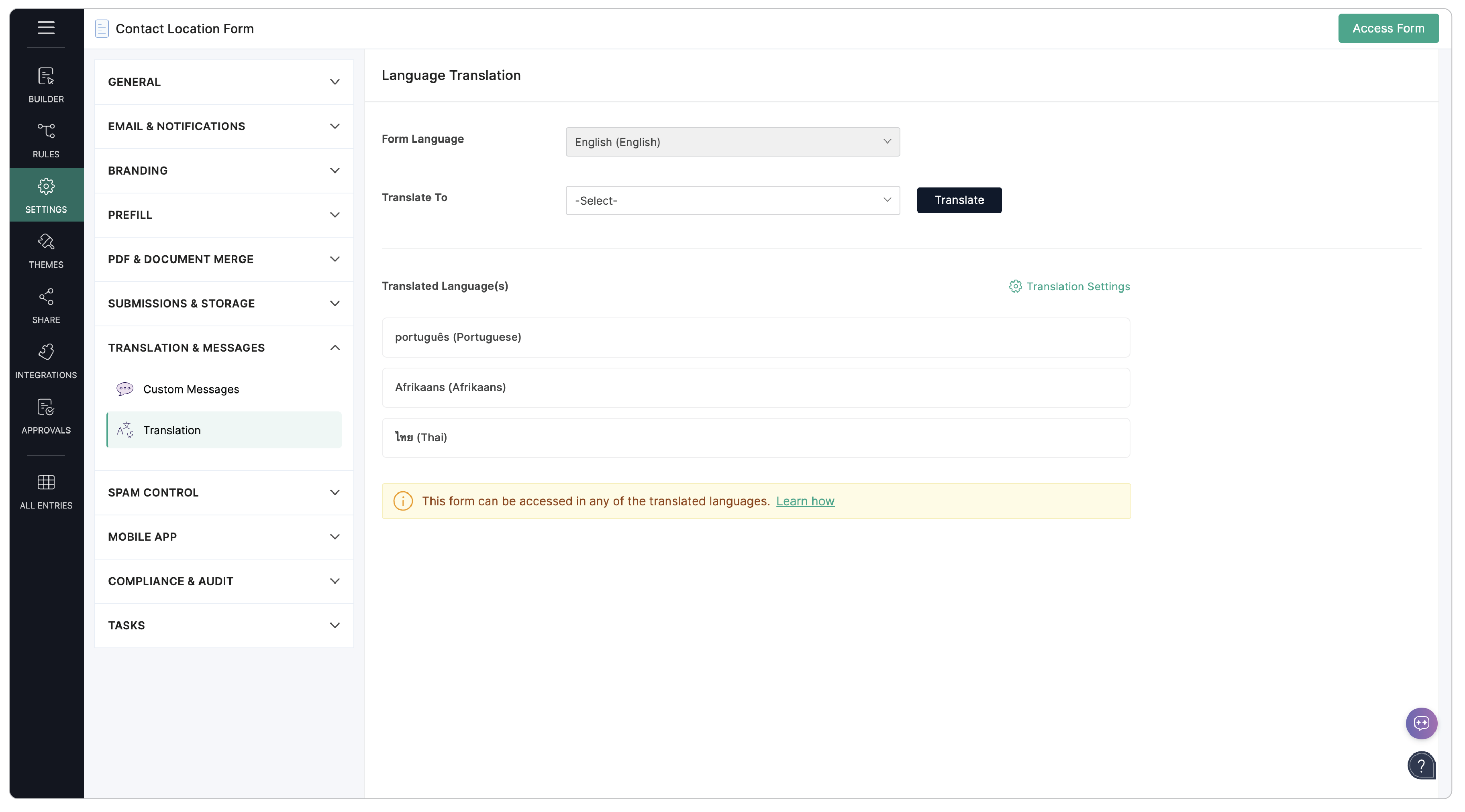 Show translated languages in live form