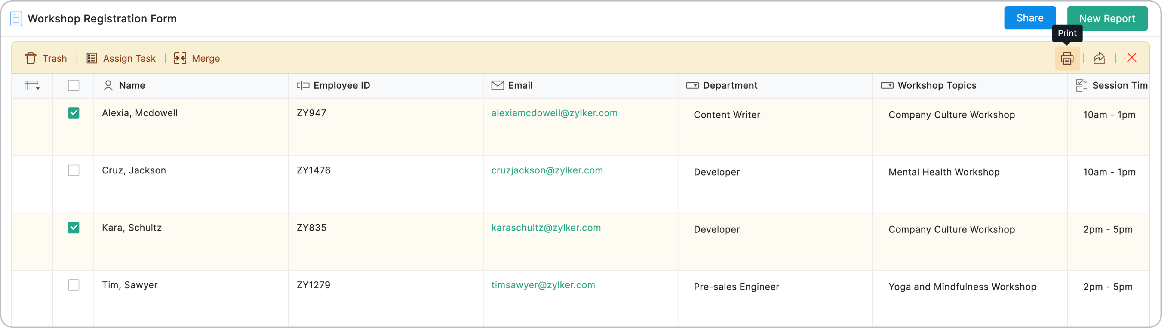 Printing selected form entries