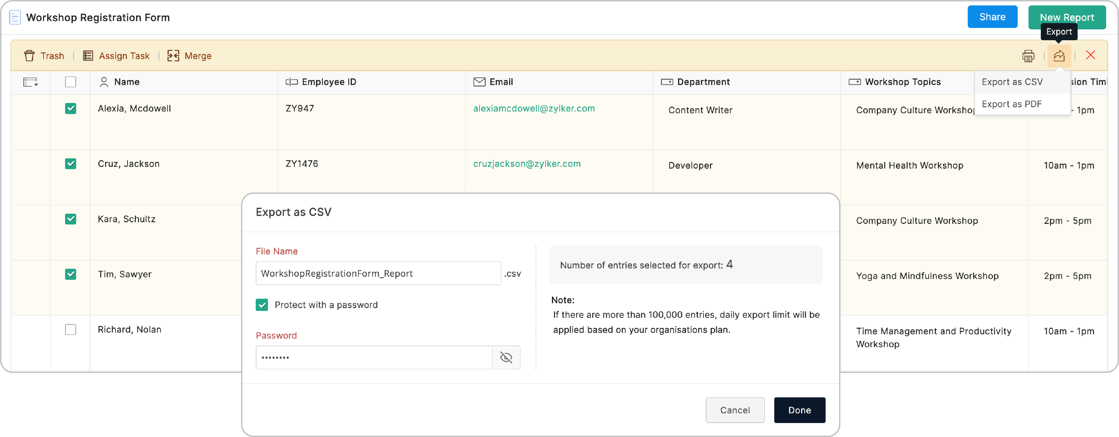 Export form entries as CSV or PDF