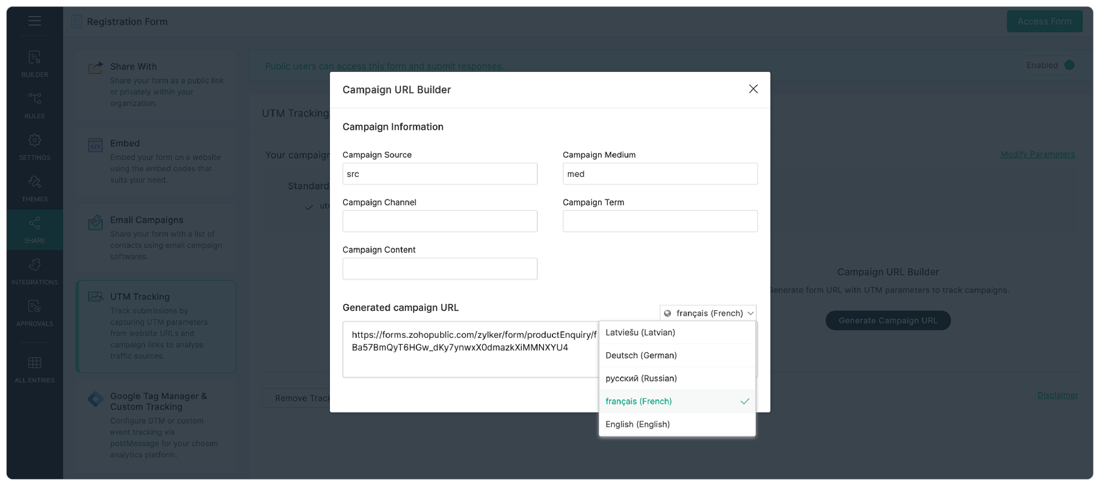 Generate form URL with UTM parameters translated language 