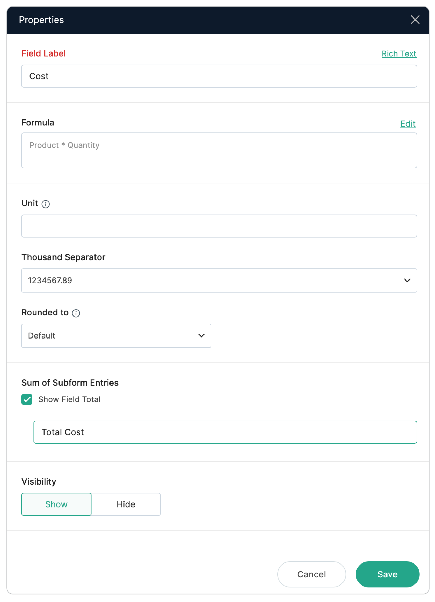 Subform - Properties of fields added to a Subform