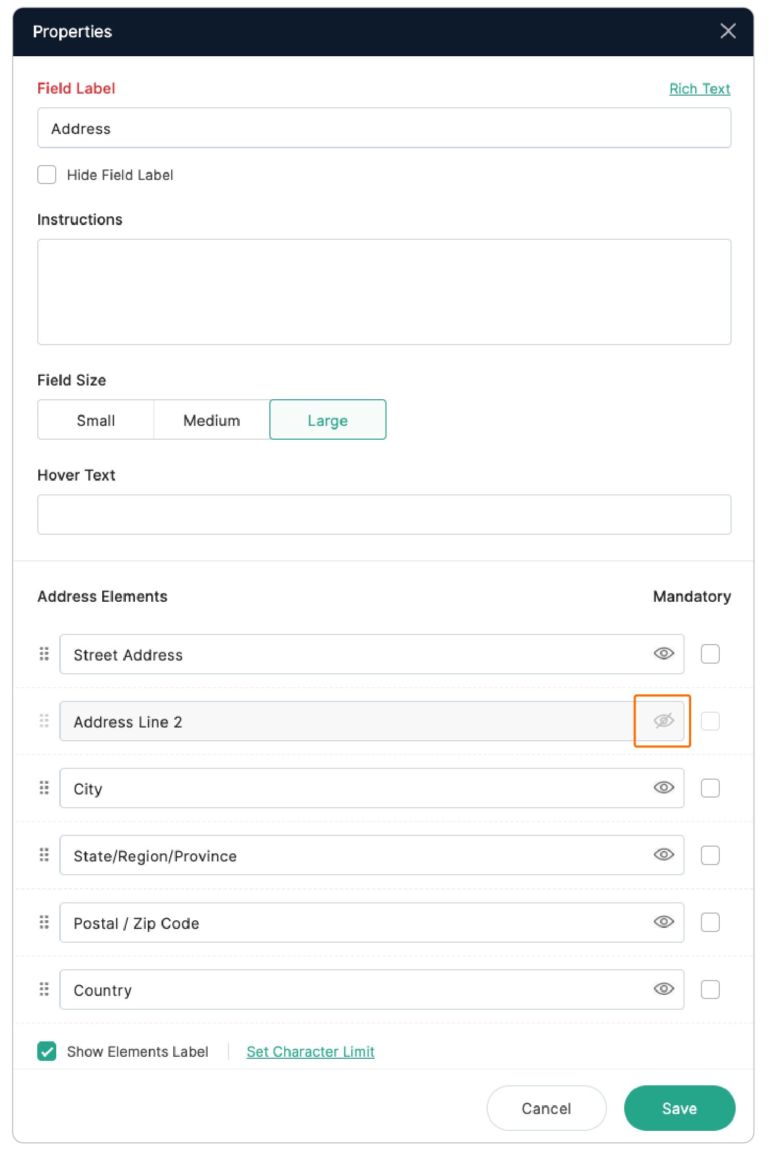 Hiding certain address elements