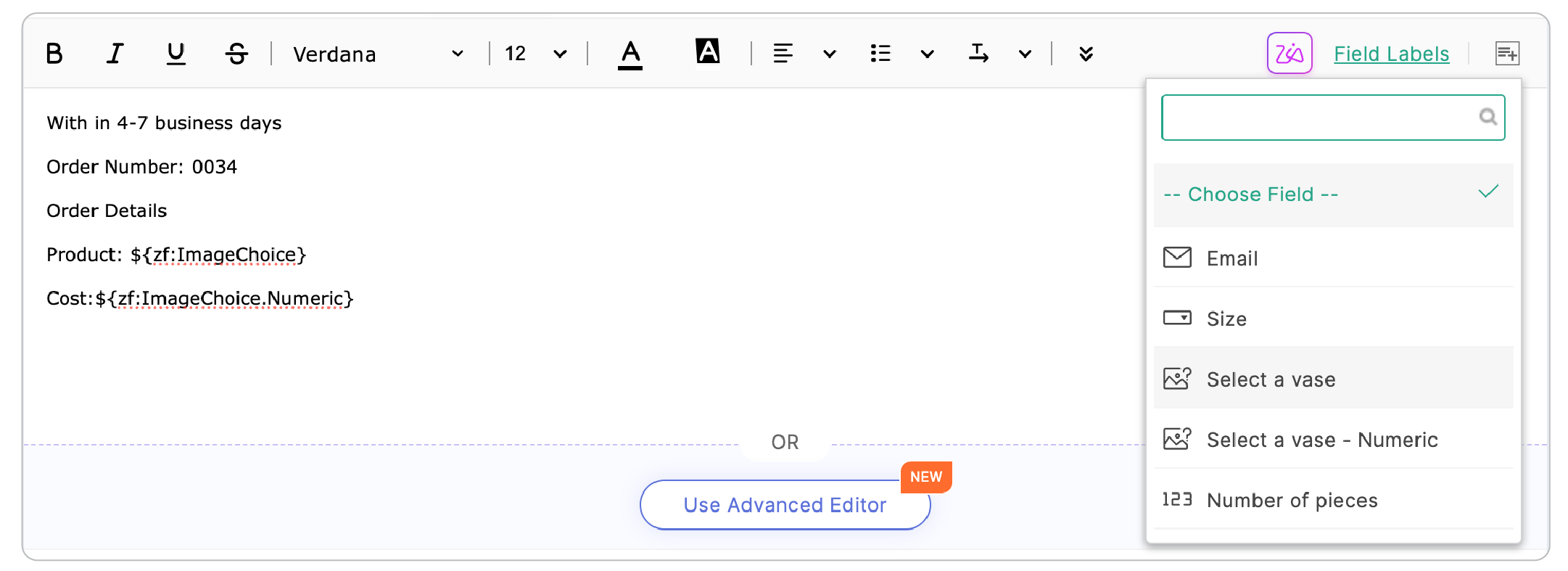 Order details in email