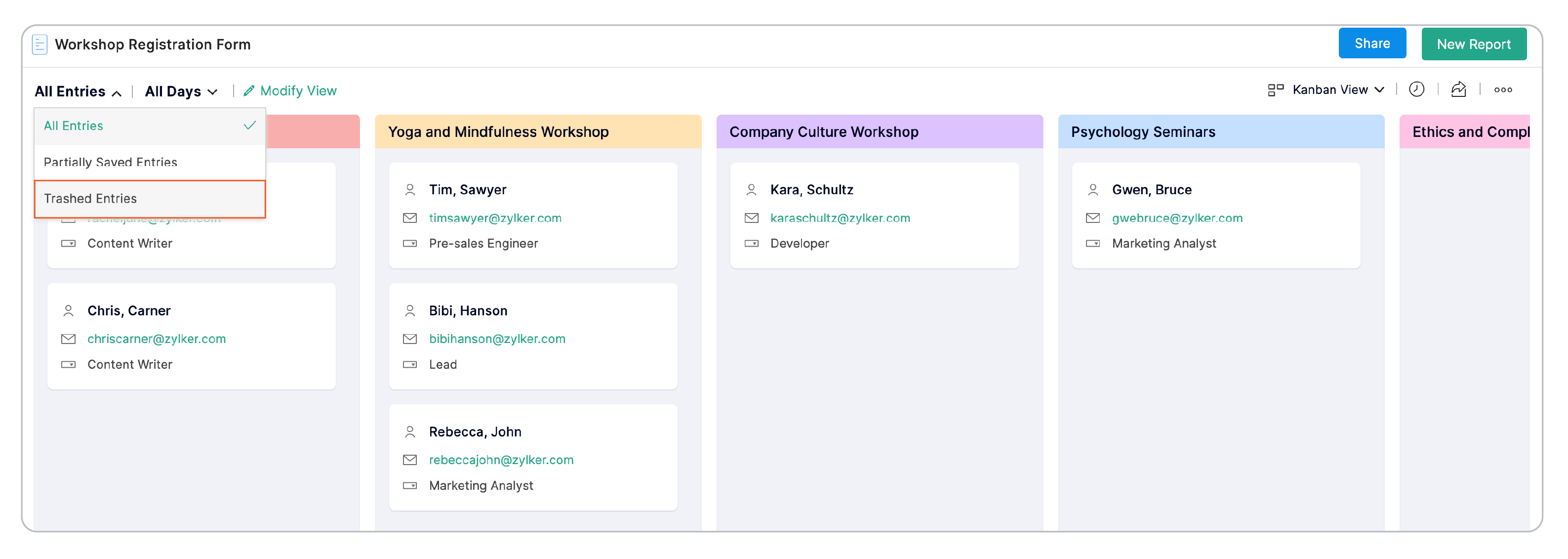 trashed entries option in Kanban view