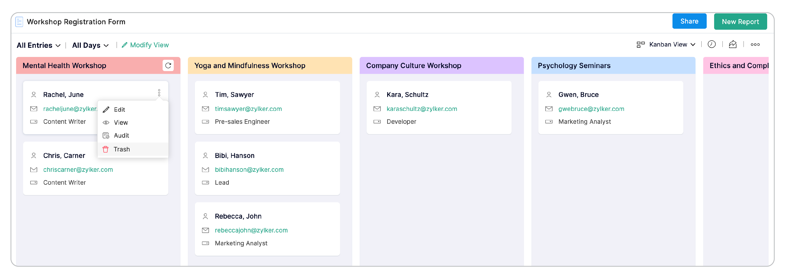 Trash entries in kanban view