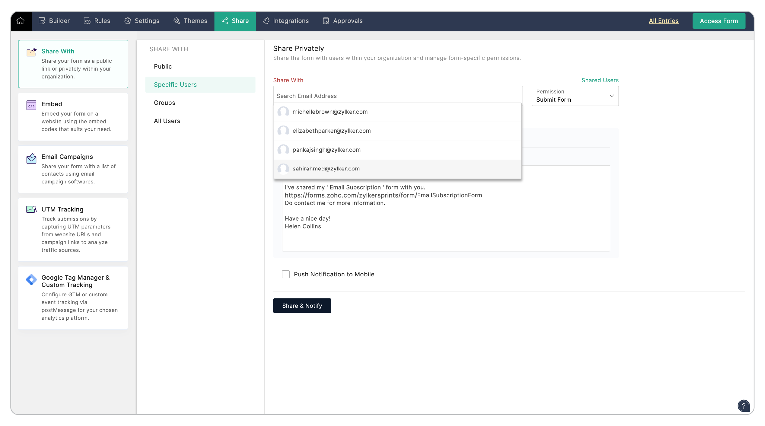 Share form privately