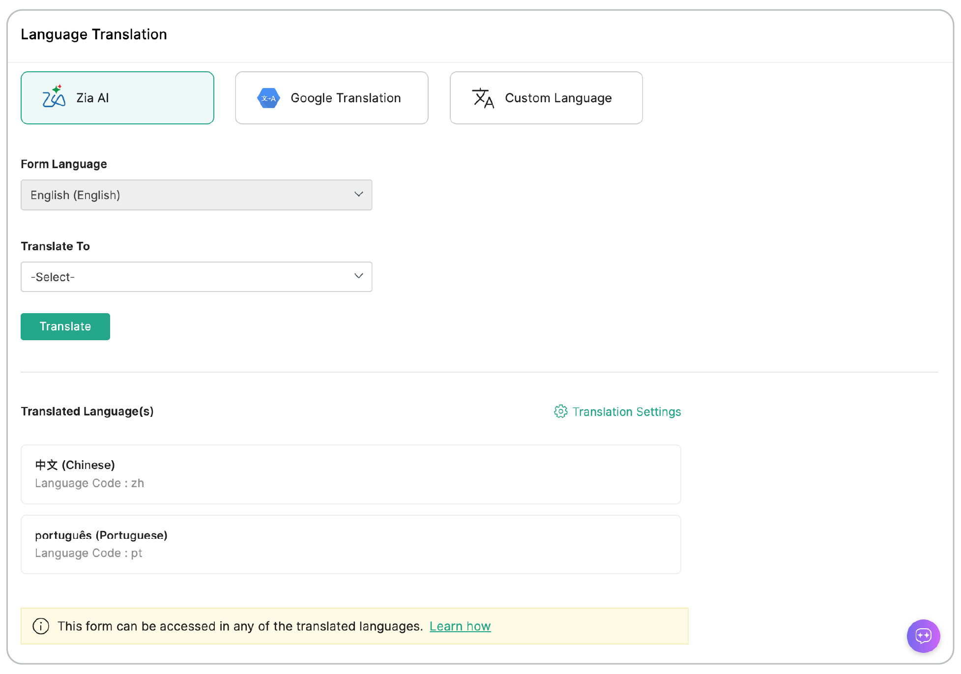 Show translated languages in live form
