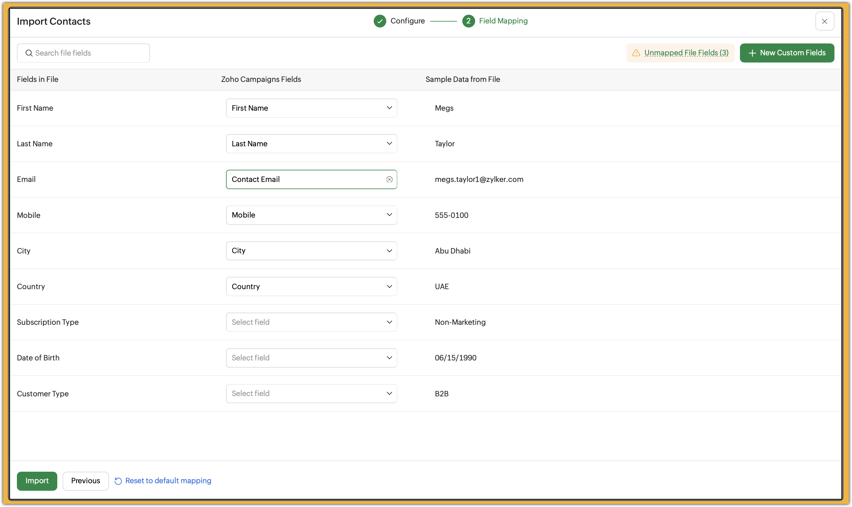 Displaying field mapping page where the fields between Campaigns and the import file are mapped.
