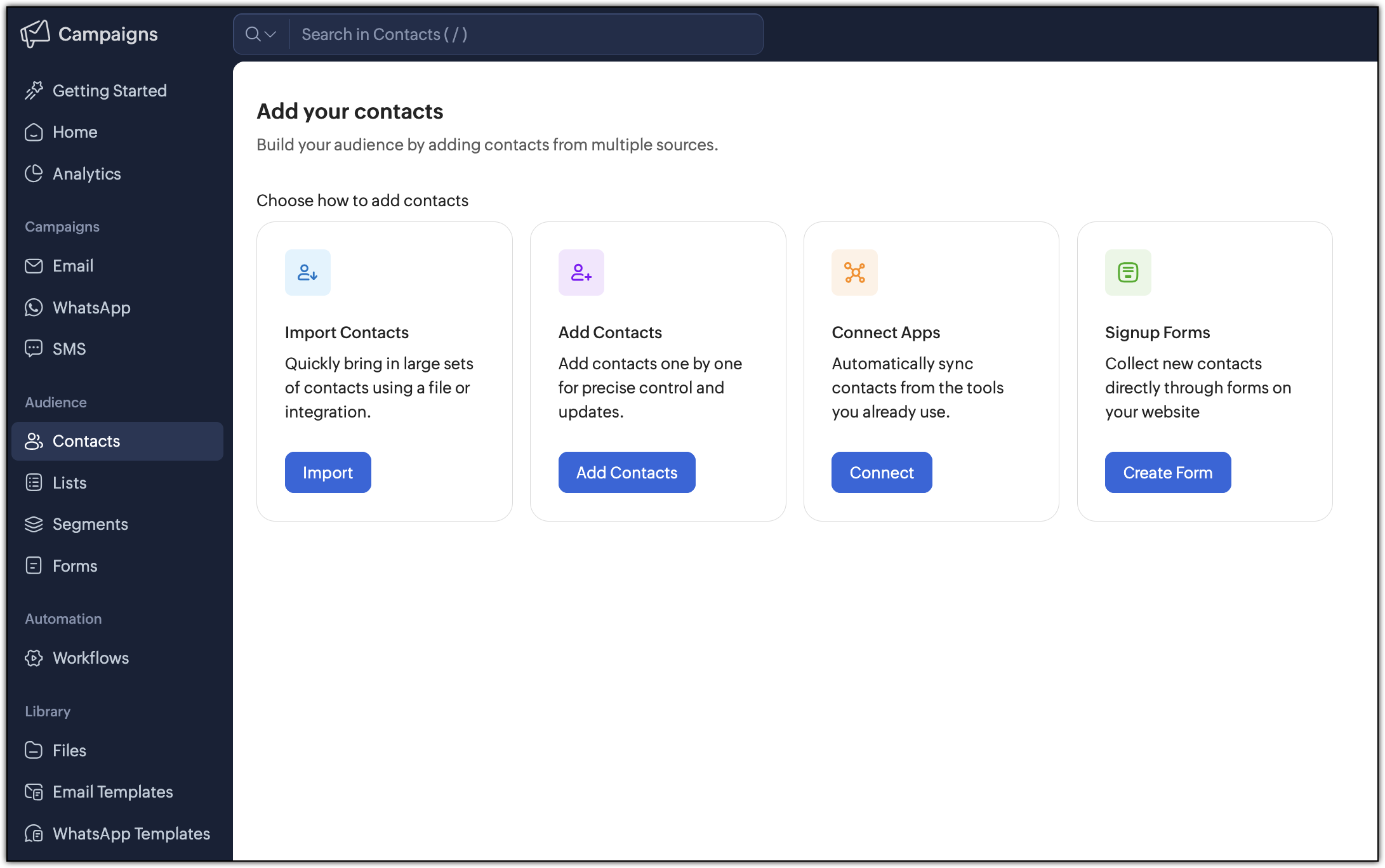 Empty state page of Contacts showing various ways to create contacts