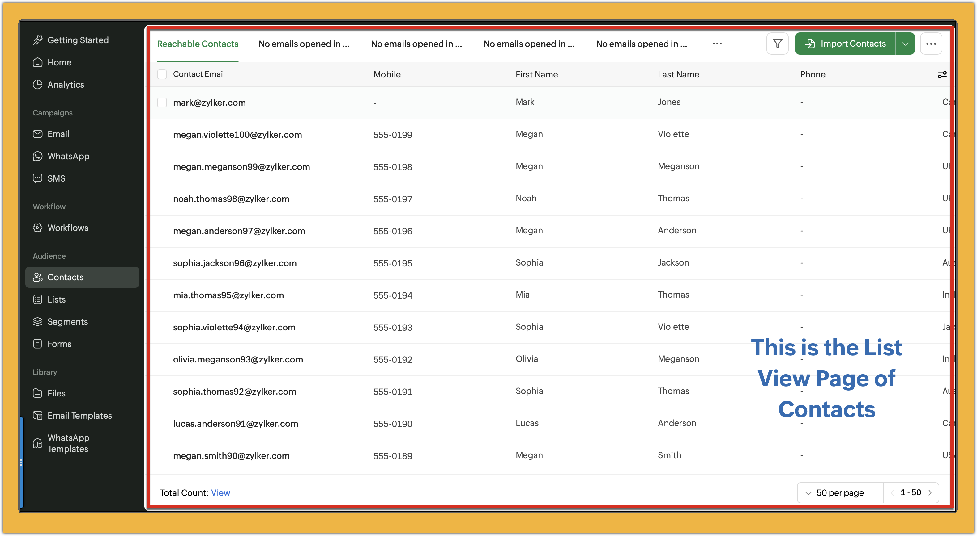 Displaying list view page of contacts