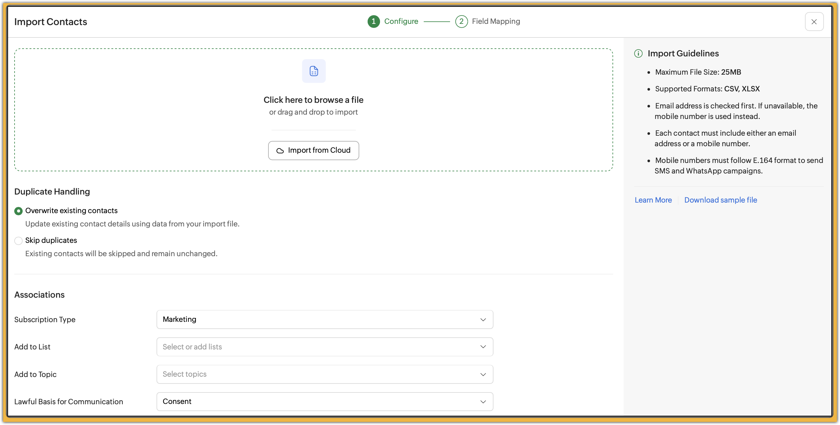 The import contact page where file is uploaded, details are selected before proceeding to next step.